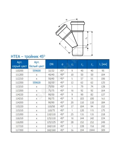 Тройник PP-H серая HT HTEA Дн 40х40х45гр б/нап в/к Ostendorf 111200