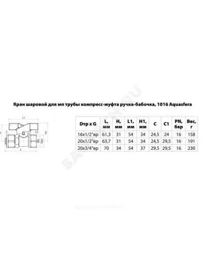 Кран шаровой латунь никель 1016 Euro Дн 20х1/2 Ру16 ВР/обжим бабочка красная Aquasfera 1016-02 .