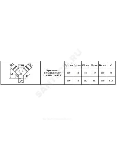 Крестовина PP-H 1-плоскостная серый Дн 110х110х110х45гр б/нап в/к VALFEX 27111110