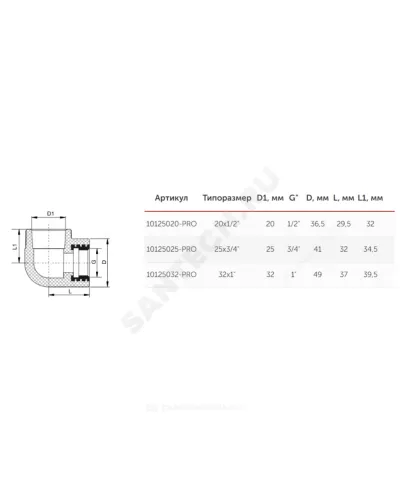 Угольник PP-R комбинированный белый Дн 32х1 ВР PRO VALFEX 10125032-PRO