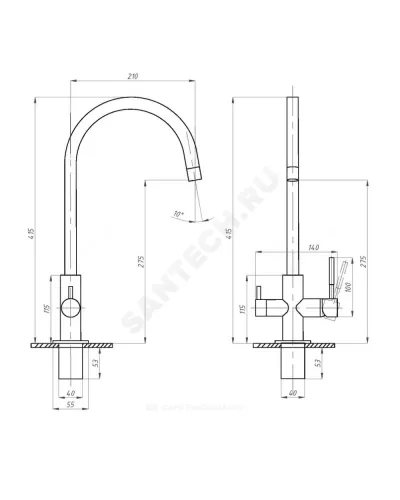 Смеситель для кухонной мойки ручка сбоку одноручный излив с каналом для питьевой воды STEEL Профсан PSM-300-11