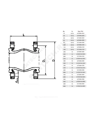 Компенсатор резиновый антивибрационный EPDM DI7240N Ду 100 Ру10/16 фл L=135мм Tecofi DI7240N-0100 сжатие/растяжение 19 мм/10 мм