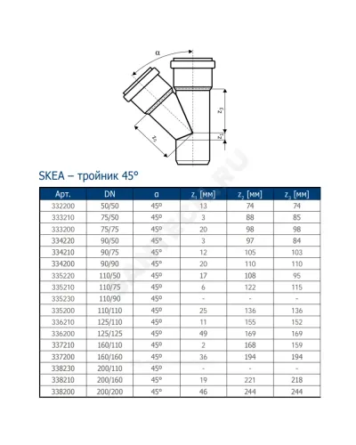 Тройник PP-MD бесшумный светло-серый Skolan Safe SKEA Дн 110х110х45гр (DN110х110) б/нап в/к Ostendorf 335200