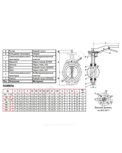 Затвор дисковый поворотный чугун VP4458-02EP Ду 100 Ру25 межфл с рукояткой диск чугун манжета EPDM Tecofi VP4458-02EP0100