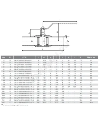 Кран шаровой сталь газ КШ.Ц.П.GAS Ду 100 Ру25 п/привар L=300мм LD КШ.Ц.П.GAS.100/080.025.Н/П.02