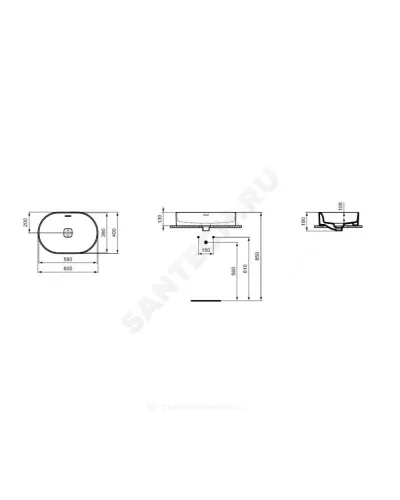 Умывальник мебельный STRADA II Oval Vessel 60 без отверстия под смеситель Ideal Standard T360401