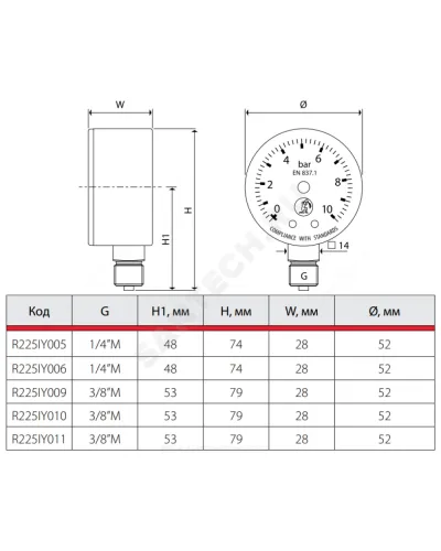 Манометр R225I радиальный Дк50мм 0-6 бар кл.2,5 G3/8 Giacomini R225IY010