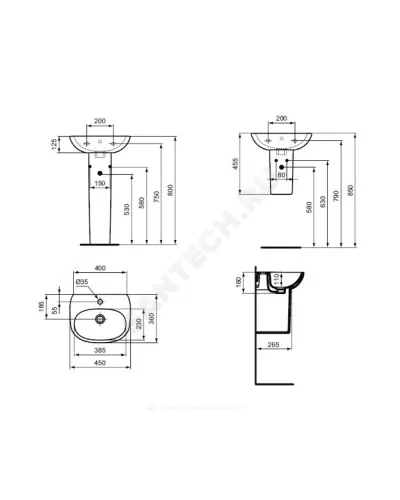 Умывальник подвесной TESI 45 1 отверстие под смеситель по центру Ideal Standard T352401