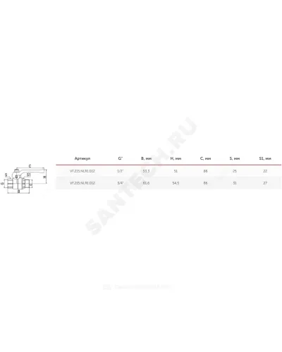 Кран шаровой латунь никель 11Б27фт1М OPTIMA Ду 20 Ру25 ВР/НР полнопроходной рычаг красный VALFEX VF.215.NLR1.034