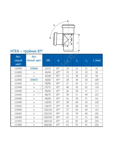 Тройник PP-H переходной серая HT HTEA Дн 110х75х87гр б/нап в/к Ostendorf 115410