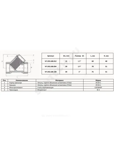 Фильтр сетчатый Y-образный латунь никель Ду 20 Ру25 3/4 ВР 46Б5фт1 VALFEX VF.192.LN0.034