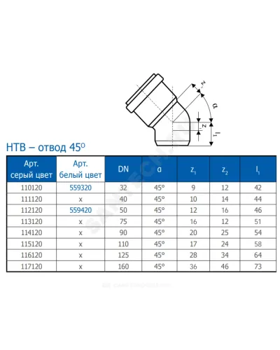 Отвод PP-H серый HT HTB Дн 90х45гр б/нап в/к Ostendorf 114120