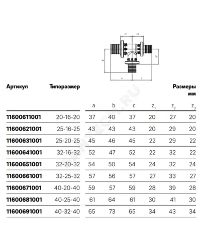 Тройник для PE-X труб аксиальный PPSU Дн 25х20х16 переходной RAUTITAN PX Rehau 11600841001