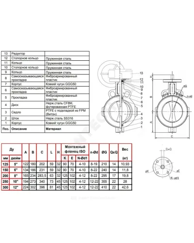 Затвор дисковый поворотный чугун VP4449R-08PTFE Ду 300 Ру10 межфл с редуктором диск нерж манжета PTFE Tecofi VP4449R-08PTFE0300