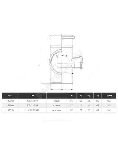 Крестовина PP-H 2-плоскостная левая и правая серая HT HTEDLR Дн 110х50х50х87гр б/нап в/к Ostendorf 115970