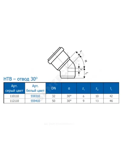 Отвод PP-H белый HT HTBw Дн 32х1,8х30гр б/нап в/к Ostendorf 559310