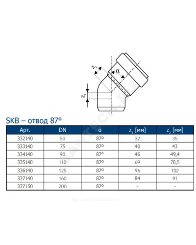 Отвод PP-MD бесшумный светло-серый Skolan Safe SKB Дн 135х87гр (DN125) б/нап в/к Ostendorf 336140
