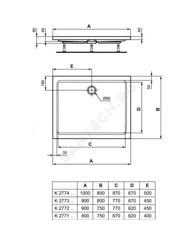 Поддон душевой акрил прямоугольный HOTLINE 1000х800х70 Ideal Standard K277401