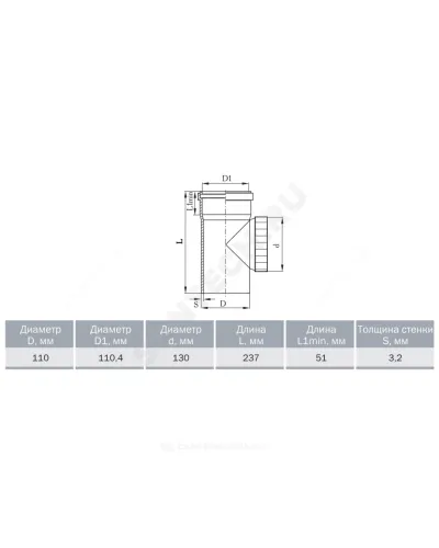 Ревизия НПВХ серая Дн 110 б/нап в комплекте с крышкой ТУ 6-49-33-92 Агригазполимер