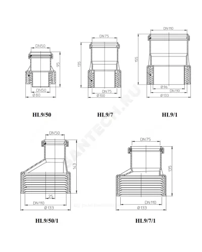 Переход PP-H Дн 75х100 б/нап ПП,НПВХ-чугун(сталь) HL 9/7/1