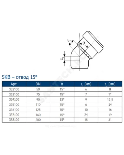 Отвод PP-MD бесшумный светло-серый Skolan Safe SKB Дн 58х15гр (DN50) б/нап в/к Ostendorf 332100