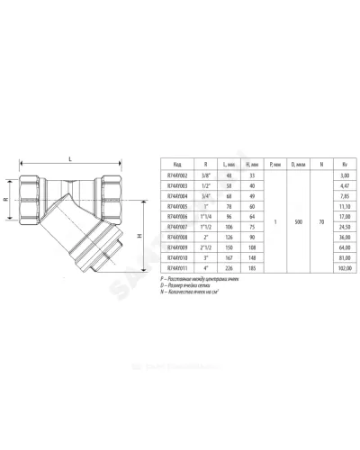 Фильтр сетчатый Y-образный латунь Ду 65 Ру16 Тмакс=110 oC 2 1/2 ВР R74A Giacomini R74AY009