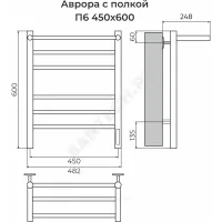 Полотенцесушитель электрический сталь Лесенка с полочкой 180 Вт 450х600мм 6П со встроенным диммером справа RAL 9005 (черный янтарь) матовый Аврора Терминус 4670078556912