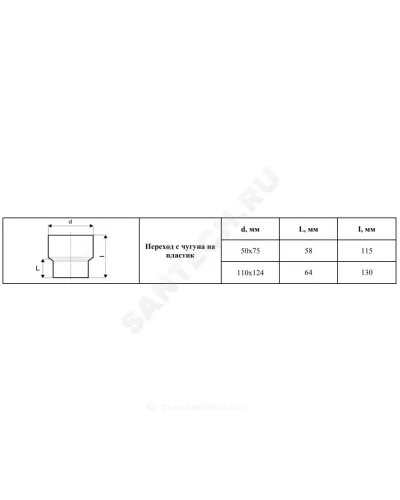 Переход PP-H на чугун серый Дн 110х124 б/нап с манжетой VALFEX 23124110М