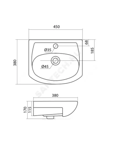 Умывальник мебельный Азов 45 1 отверстие под смеситель по центру Santek 1.WH11.2.449